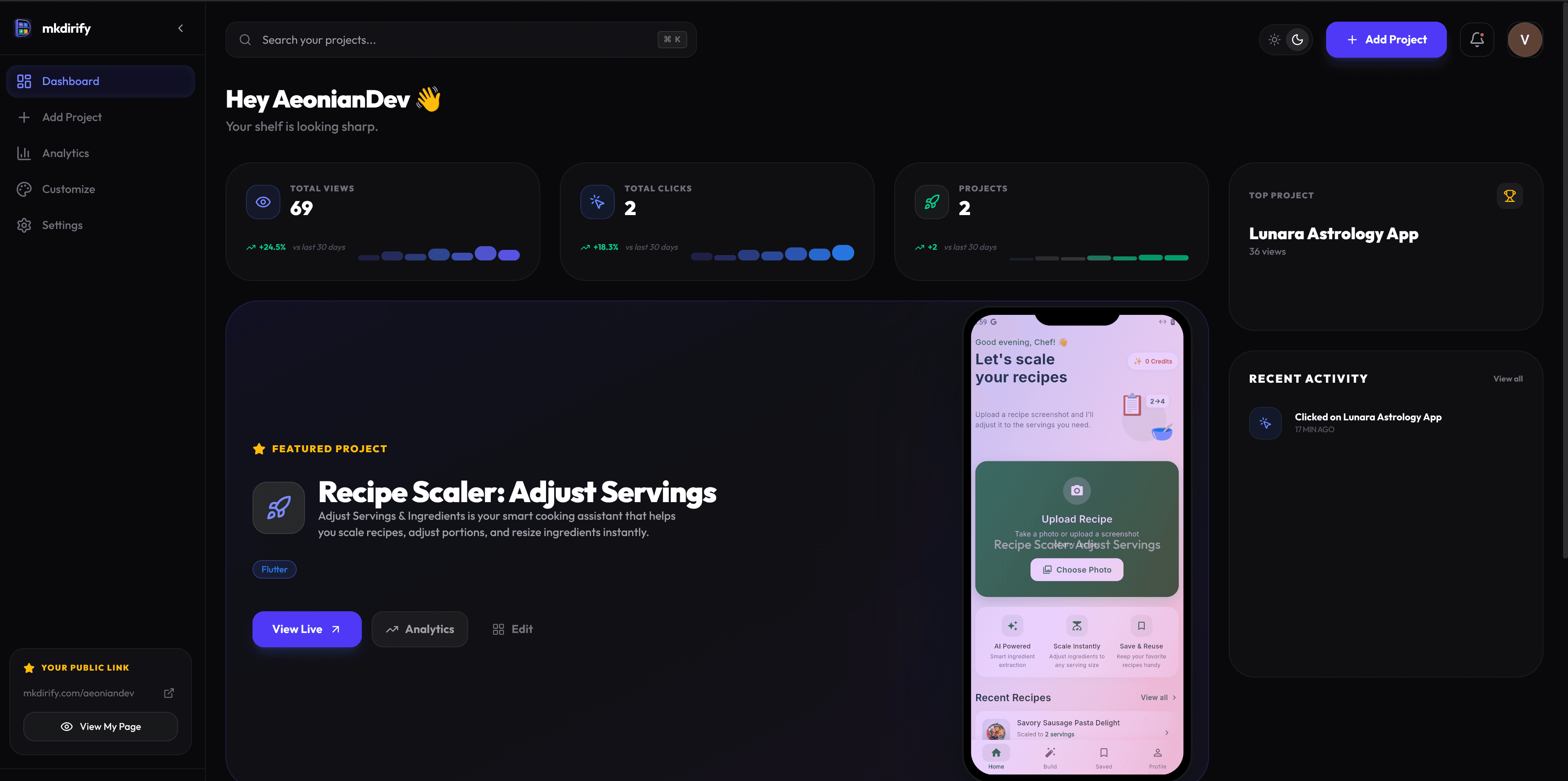 mkdirify developer dashboard project showcase mockup
